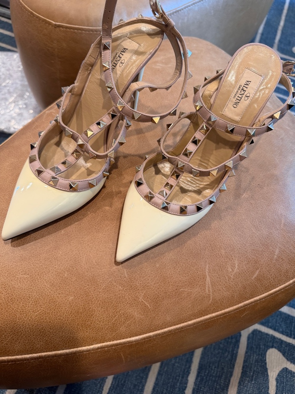 Valentino Beige Patent Pointed Toe Rockstud Strappy Pumps